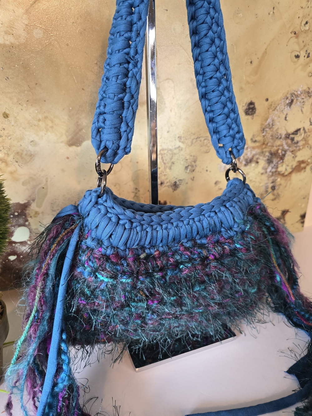 Woven Fringe Shoulder Bag in Teal Blue